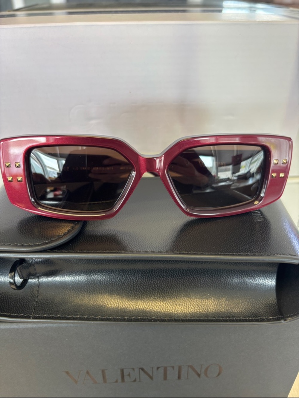 Valentino Women's Wine Red Rectangular Sunglasses with Gold Studs
